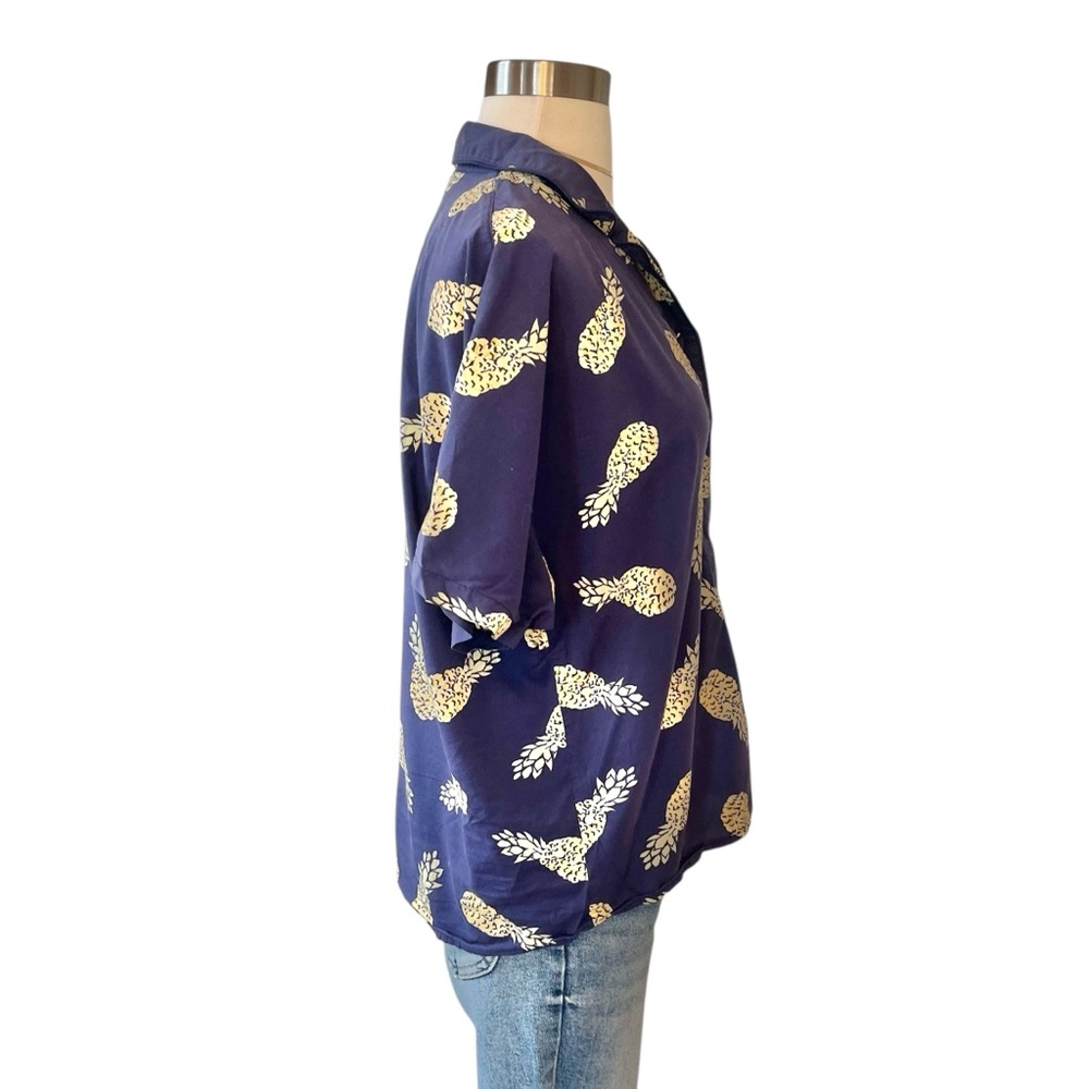 Uniqlo pineapple navy blue button down short sleeve shirt M - Picture 5 of 14